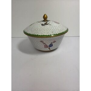 Vintage Chinese Cloisonné Lidded Bowl White Enamel Birds and Peony 6-inch